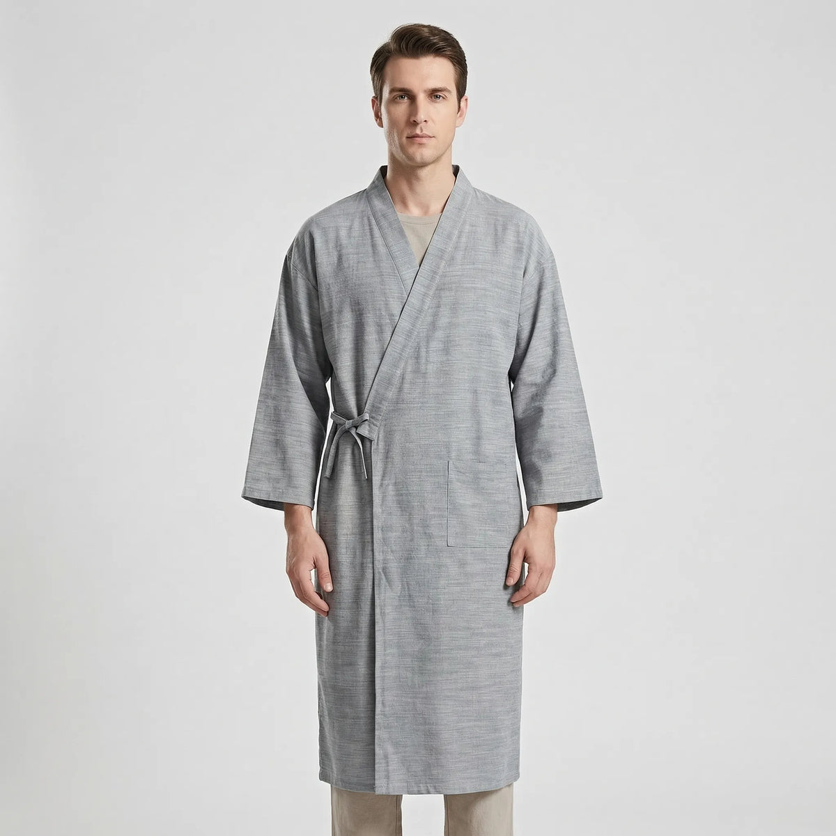 Męski szlafrok w stylu kimono, lekka oddychająca tkanina, regulowany pasek