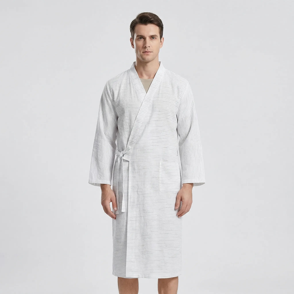 Męski szlafrok w stylu kimono, lekka oddychająca tkanina, regulowany pasek