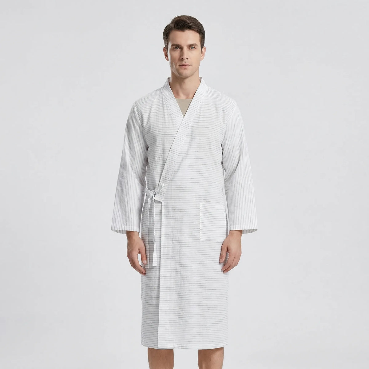 Męski szlafrok w stylu kimono, lekka oddychająca tkanina, regulowany pasek