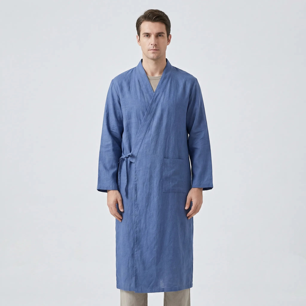 Męski szlafrok w stylu kimono, lekka oddychająca tkanina, regulowany pasek