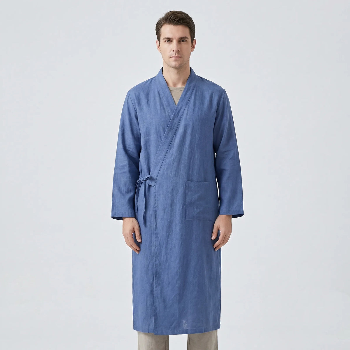 Męski szlafrok w stylu kimono, lekka oddychająca tkanina, regulowany pasek