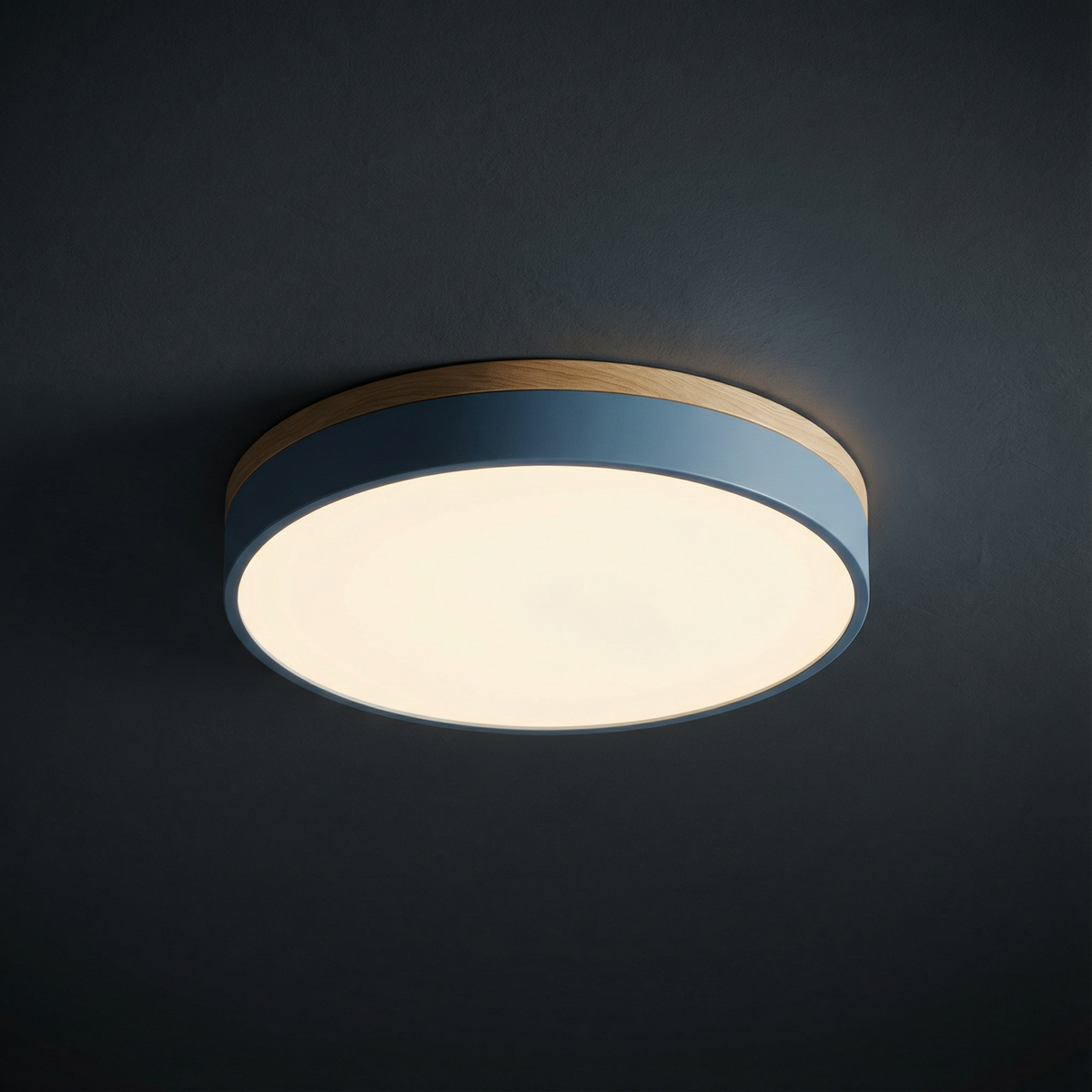Okrągła lampa sufitowa natynkowa z drewnianą ramką
