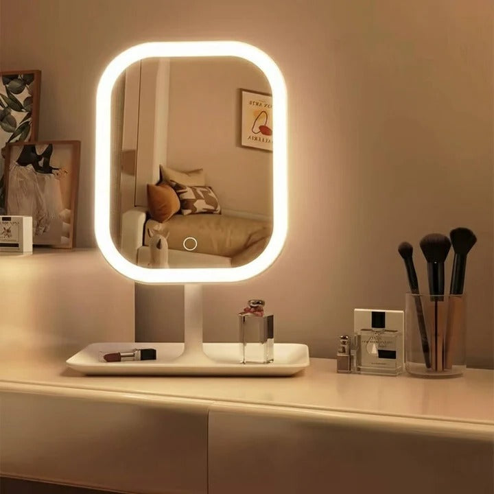 Przenośne lusterko kosmetyczne z oświetleniem LED, szkłem HD, portem USB i kompaktową podstawą