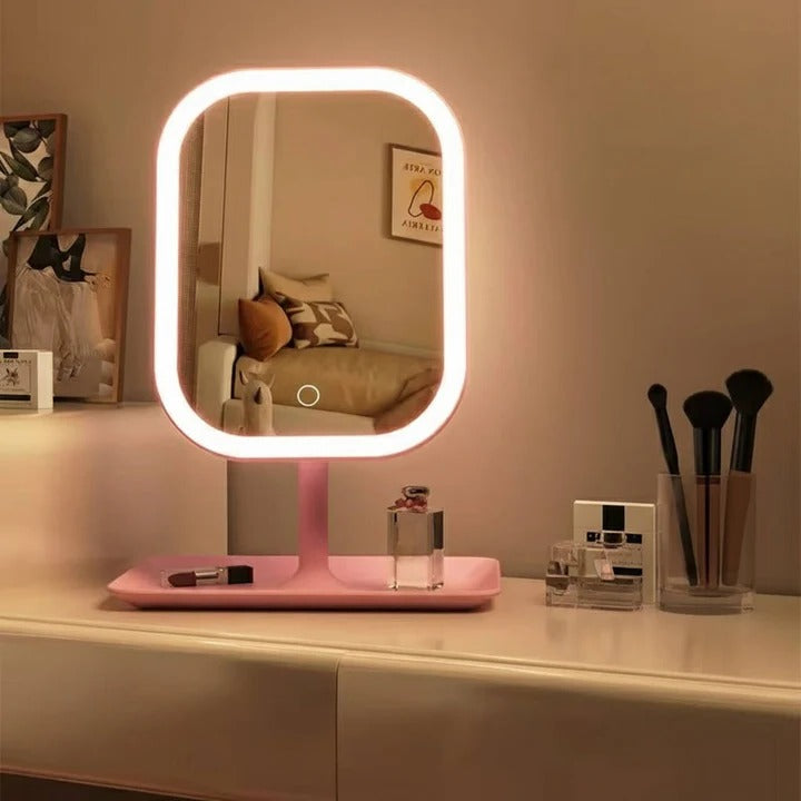 Przenośne lusterko kosmetyczne z oświetleniem LED, szkłem HD, portem USB i kompaktową podstawą