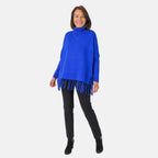 Sweter damski Mudflower z golfem i frędzlami o luźnym kroju poncho