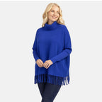 Sweter damski Mudflower z golfem i frędzlami o luźnym kroju poncho