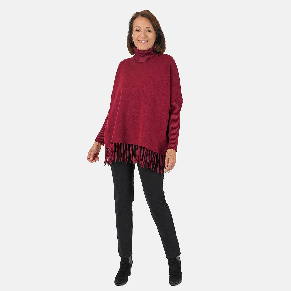 Sweter damski Mudflower z golfem i frędzlami o luźnym kroju poncho