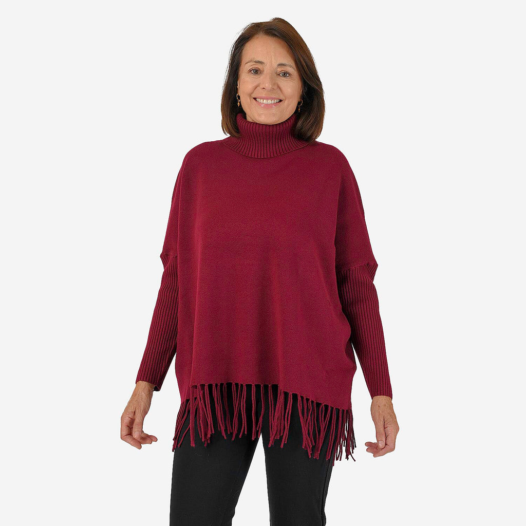 Sweter damski Mudflower z golfem i frędzlami o luźnym kroju poncho
