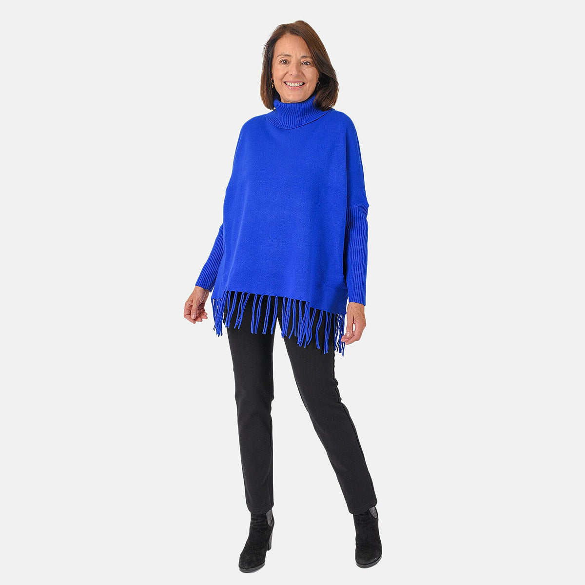 Sweter damski Mudflower z golfem i frędzlami o luźnym kroju poncho