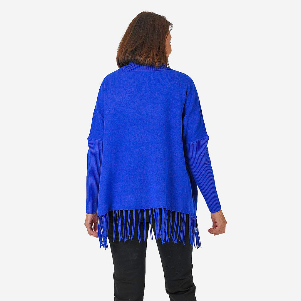 Sweter damski Mudflower z golfem i frędzlami o luźnym kroju poncho