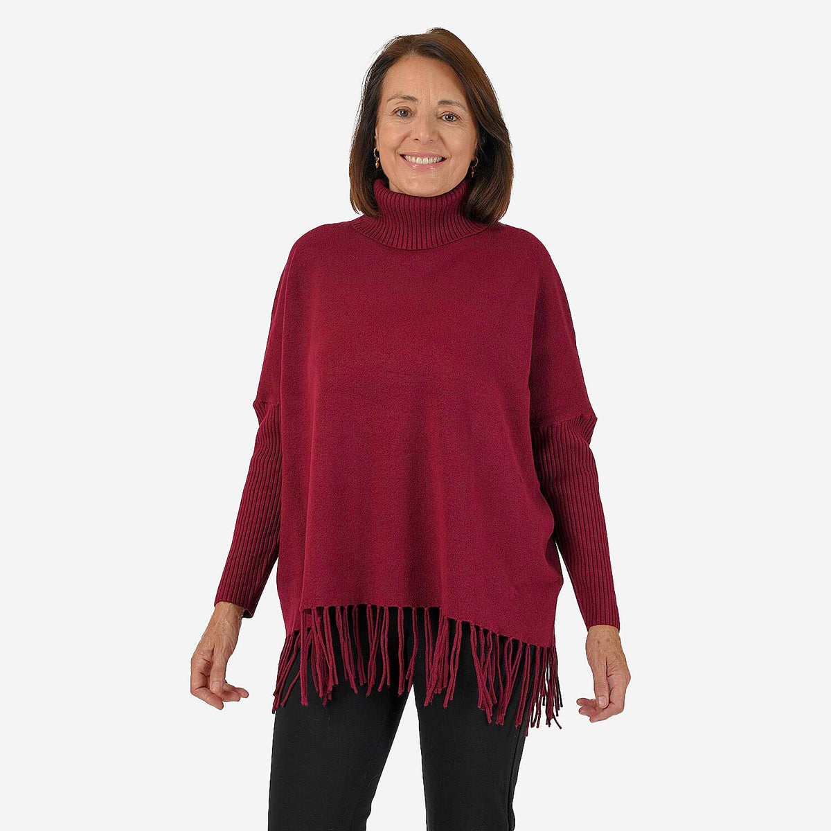 Sweter damski Mudflower z golfem i frędzlami o luźnym kroju poncho