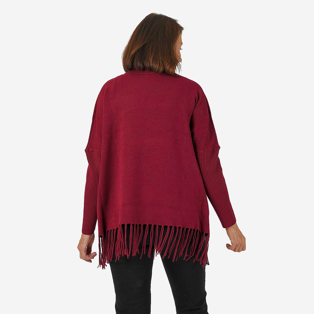 Sweter damski Mudflower z golfem i frędzlami o luźnym kroju poncho