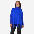 Sweter damski Mudflower z golfem i frędzlami o luźnym kroju poncho