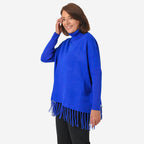 Sweter damski Mudflower z golfem i frędzlami o luźnym kroju poncho