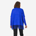 Sweter damski Mudflower z golfem i frędzlami o luźnym kroju poncho