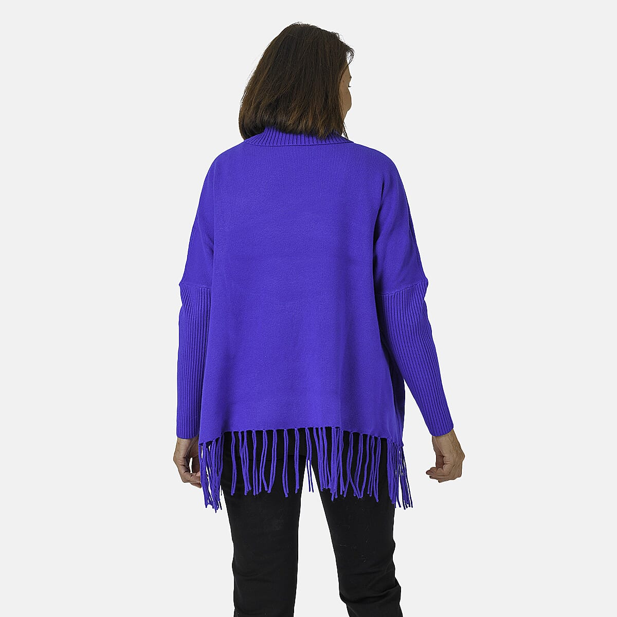 Sweter damski Mudflower z golfem i frędzlami o luźnym kroju poncho
