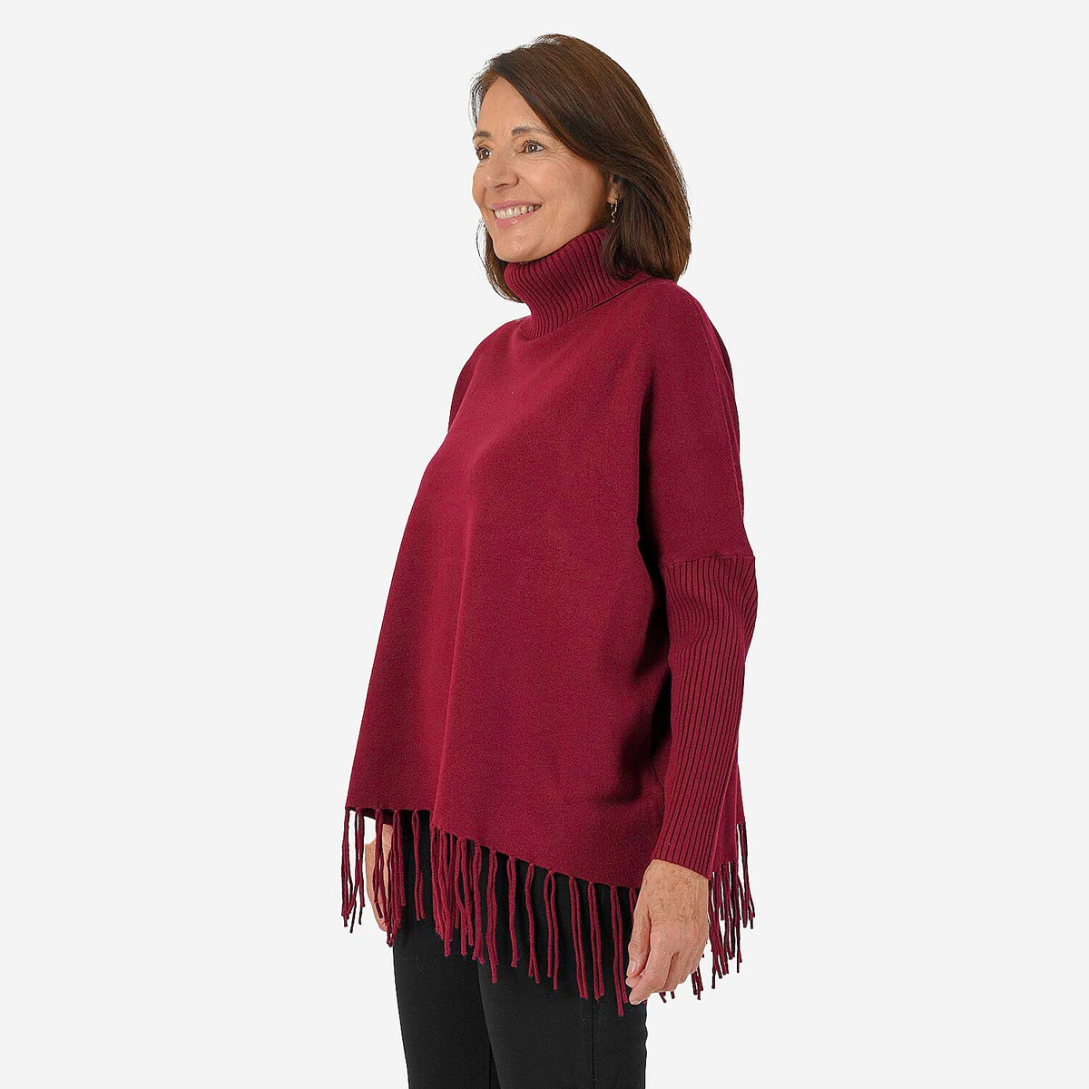 Sweter damski Mudflower z golfem i frędzlami o luźnym kroju poncho