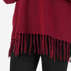 Sweter damski Mudflower z golfem i frędzlami o luźnym kroju poncho