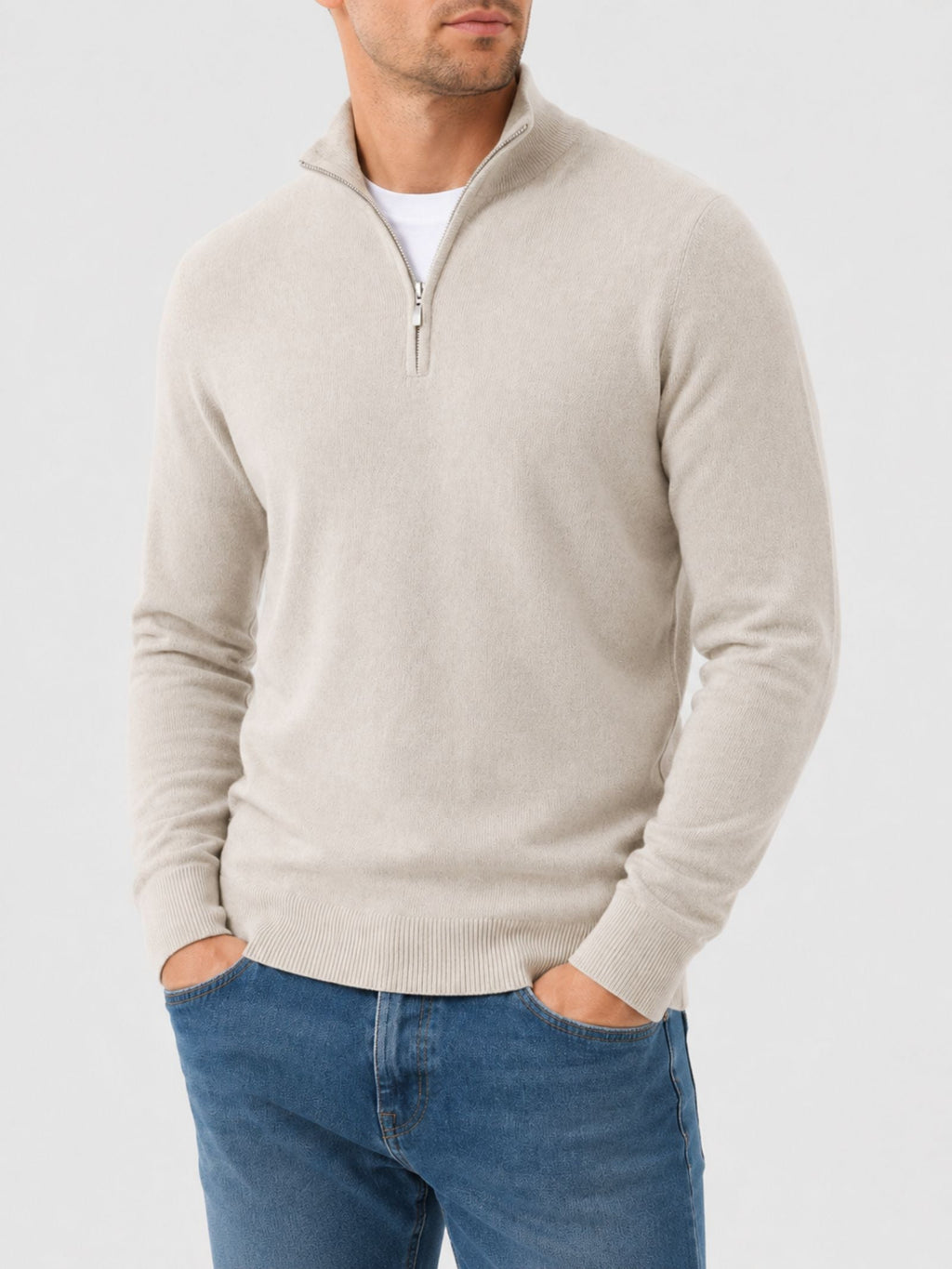 Sweter męski w serek z zamkiem, wełna merino