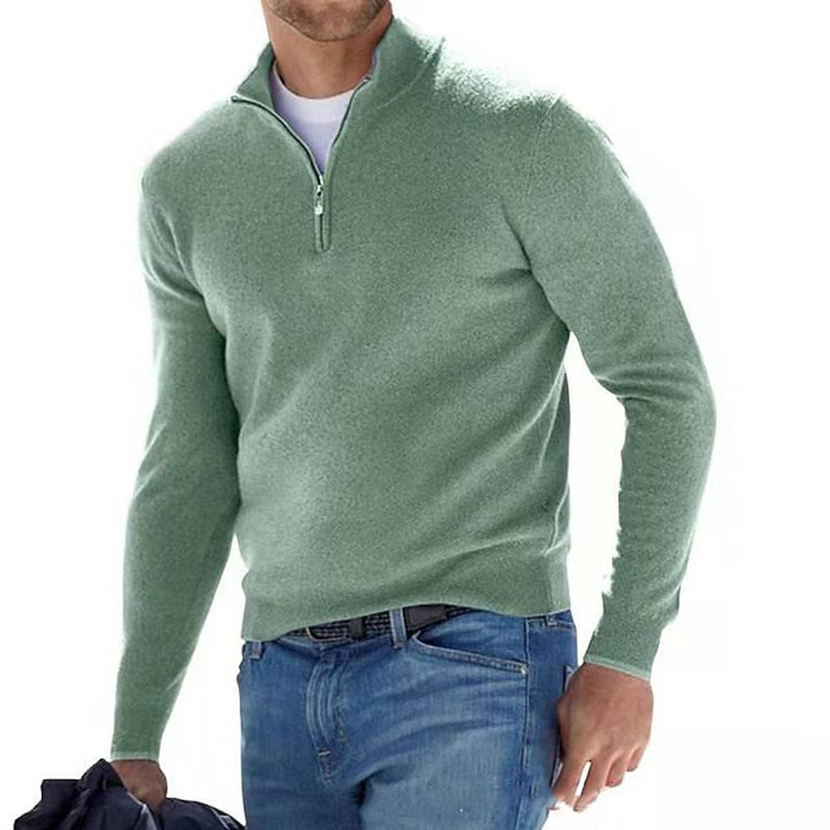 Sweter męski w serek z zamkiem, wełna merino