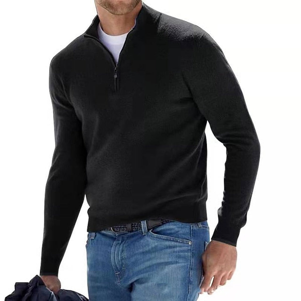 Sweter męski w serek z zamkiem, wełna merino