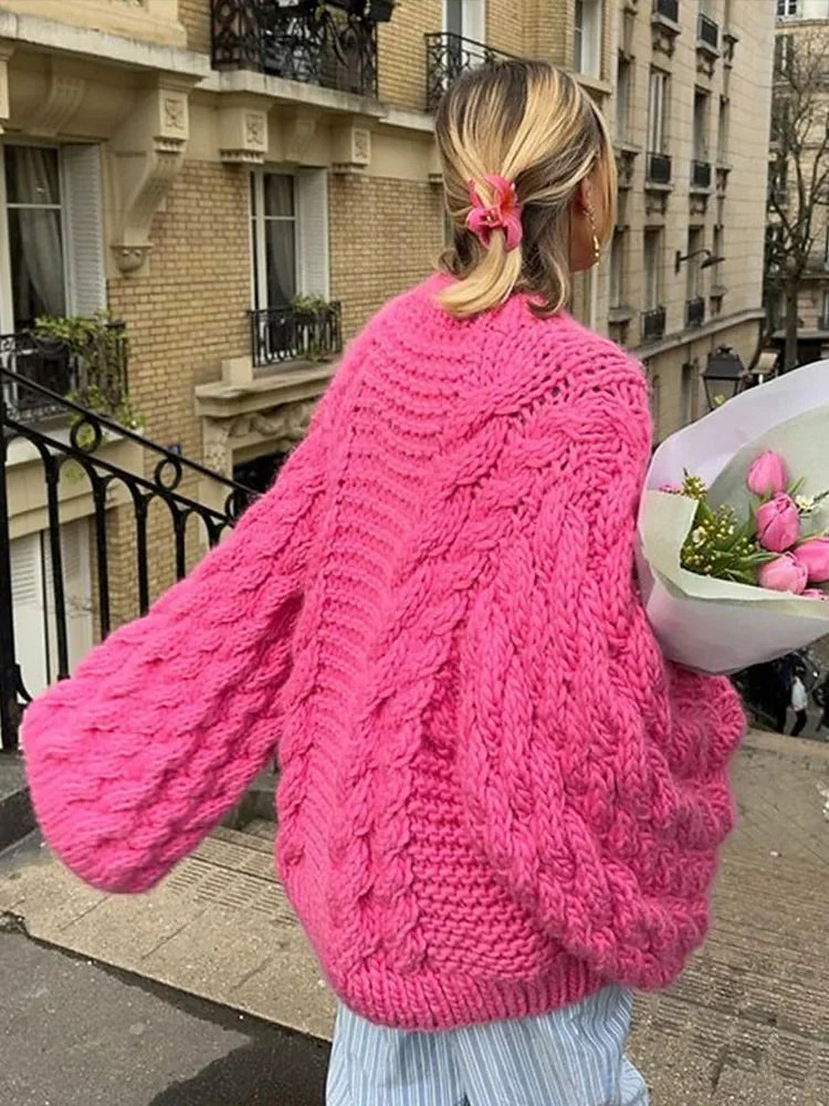 Sweter oversize gruby splot damski - miękka dzianina