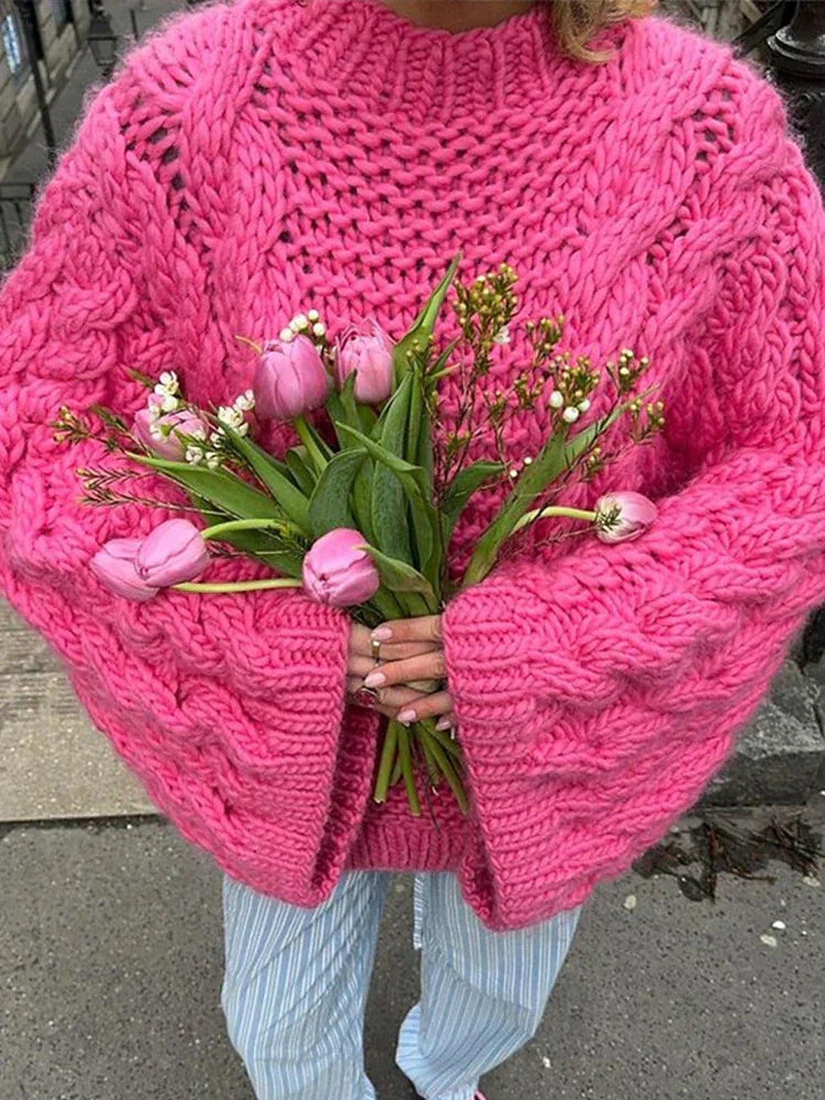 Sweter oversize gruby splot damski - miękka dzianina