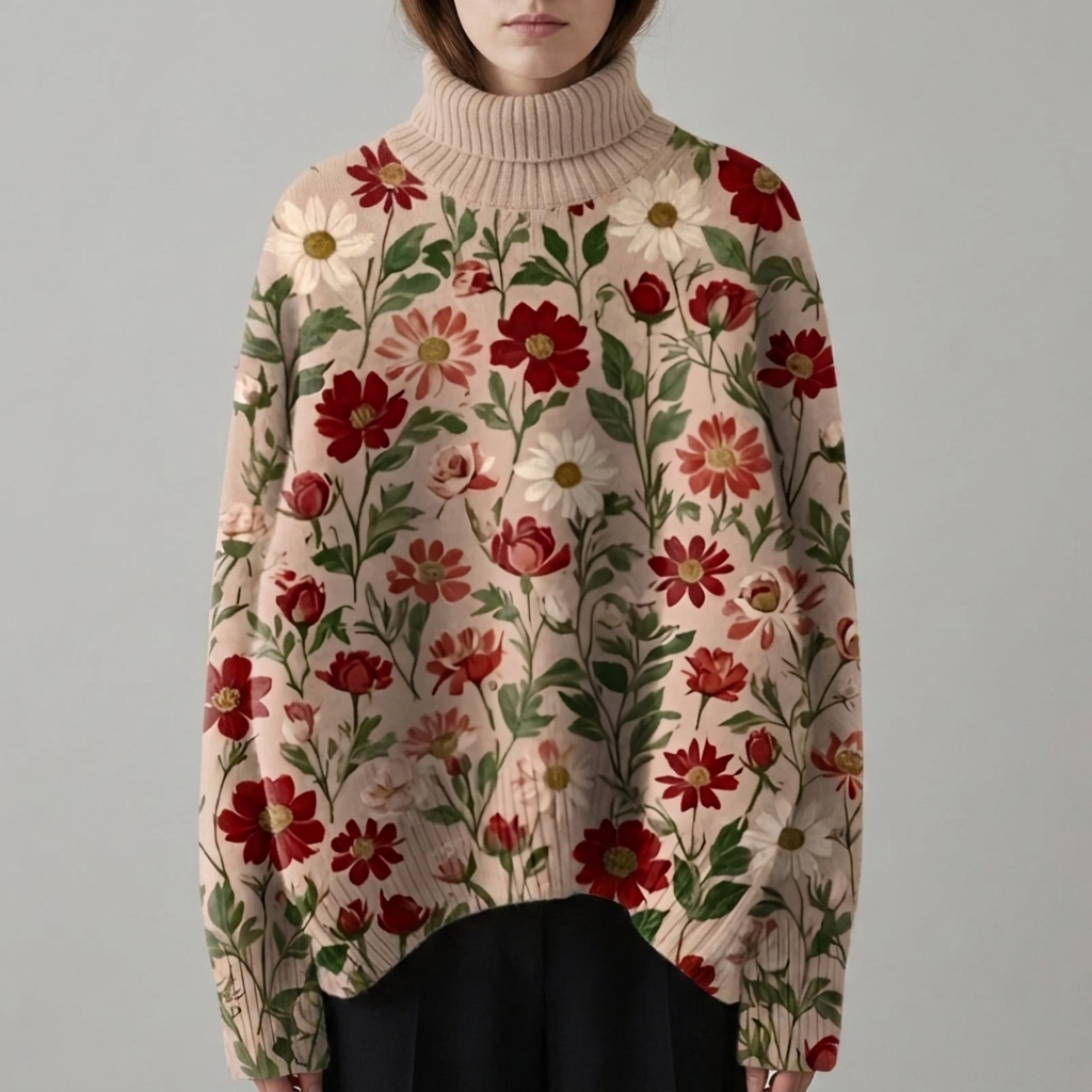Dzianinowy sweter z golfem ze świątecznym nadrukiem w stylu vintage