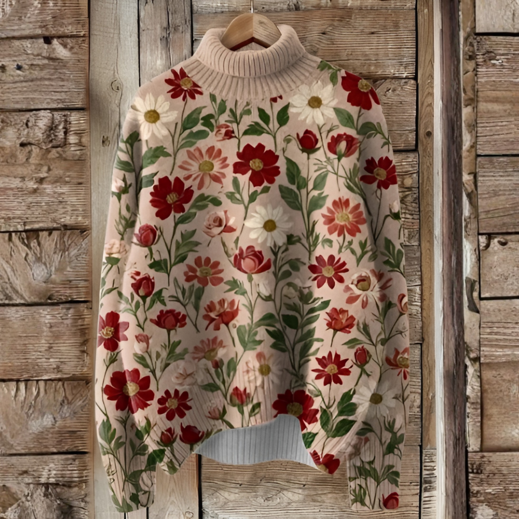 Dzianinowy sweter z golfem ze świątecznym nadrukiem w stylu vintage