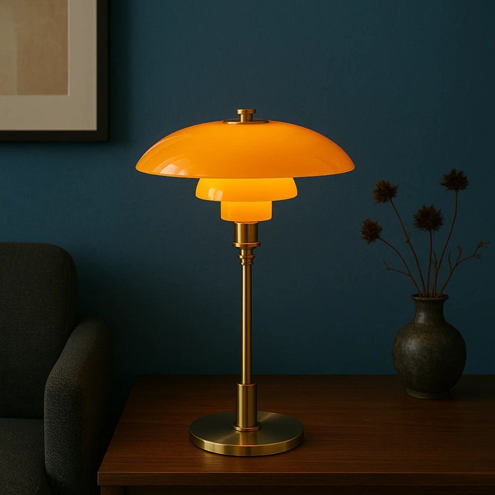 Nordycka szklana lampa stołowa z ciepłym światłem otoczenia