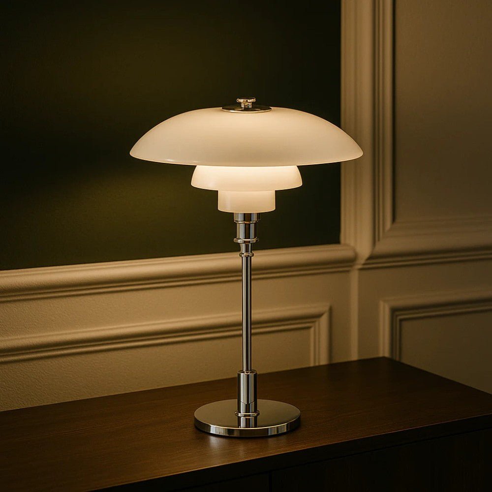 Nordycka szklana lampa stołowa z ciepłym światłem otoczenia