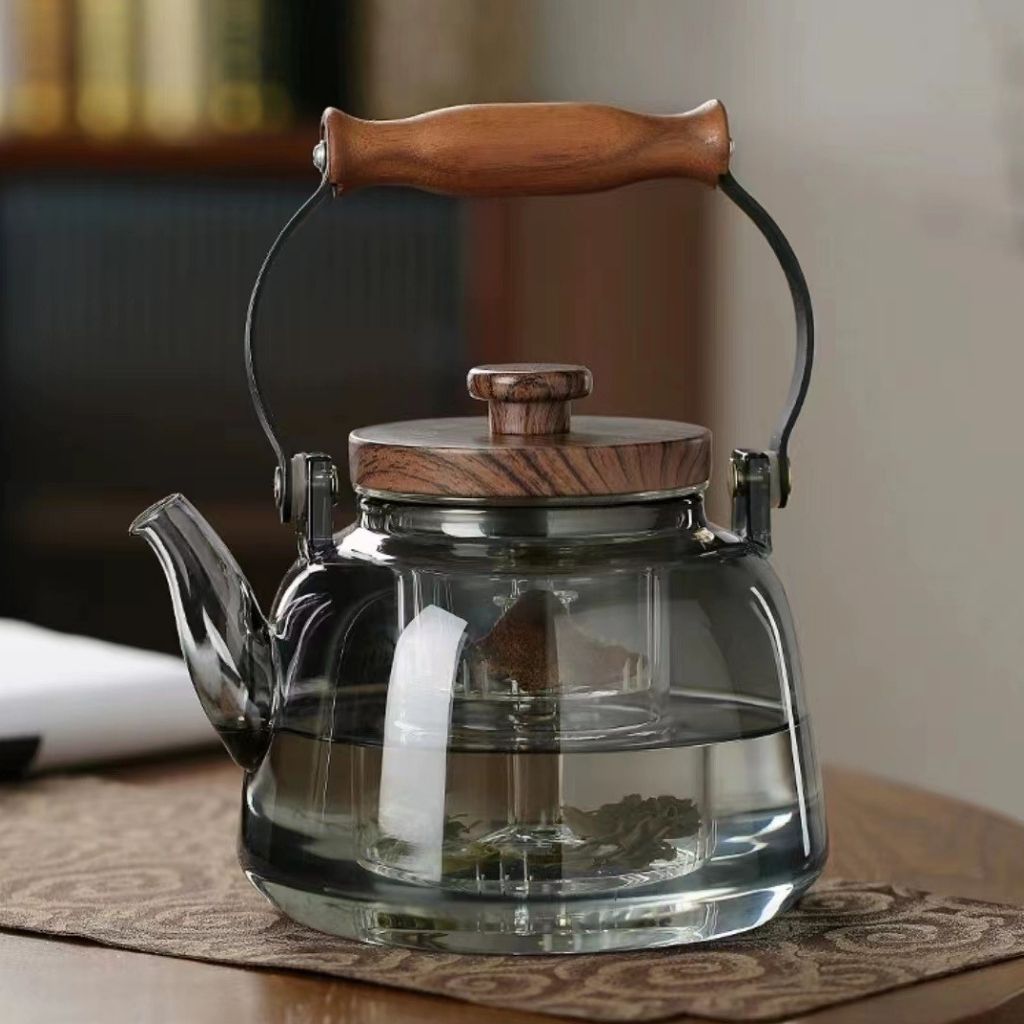 Szklany dzbanek do herbaty z zaparzaczem – 1000 ml, borokrzemowy czajnik, żaroodporny, drewniany uchwyt