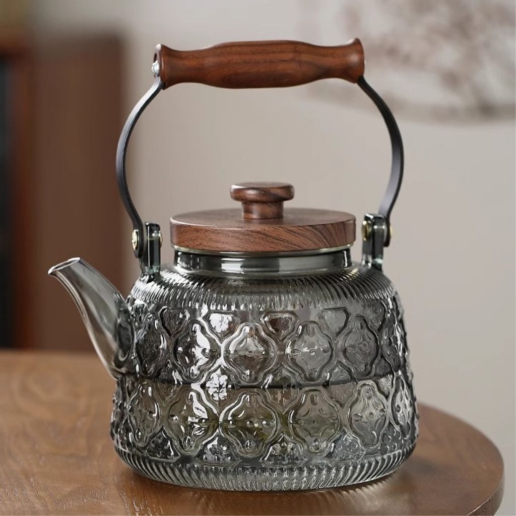 Szklany dzbanek do herbaty z zaparzaczem – 1000 ml, borokrzemowy czajnik, żaroodporny, drewniany uchwyt