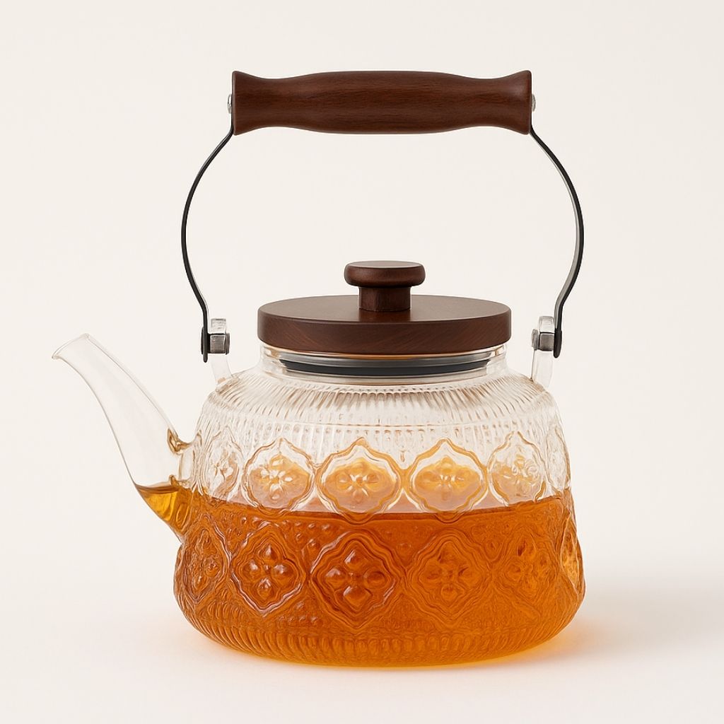 Szklany dzbanek do herbaty z zaparzaczem – 1000 ml, borokrzemowy czajnik, żaroodporny, drewniany uchwyt