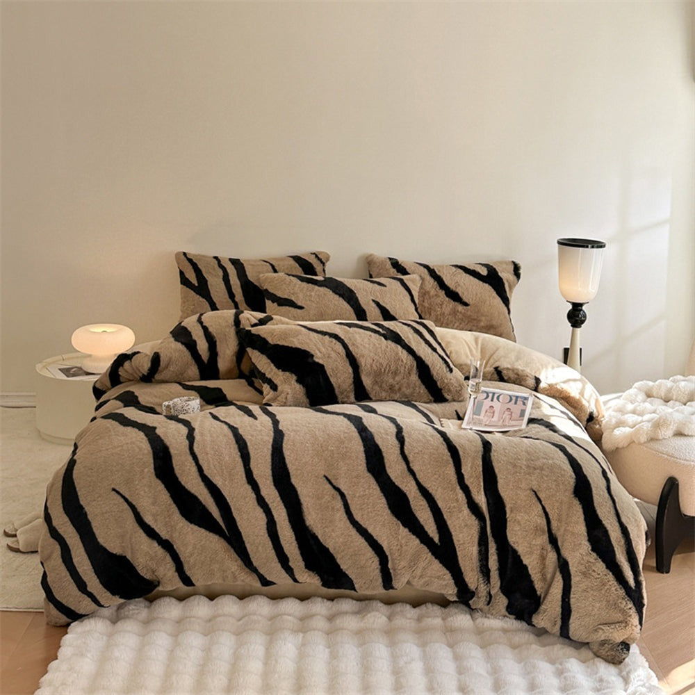 Unisex puchaty komplet pościeli z imitacji futra zebry