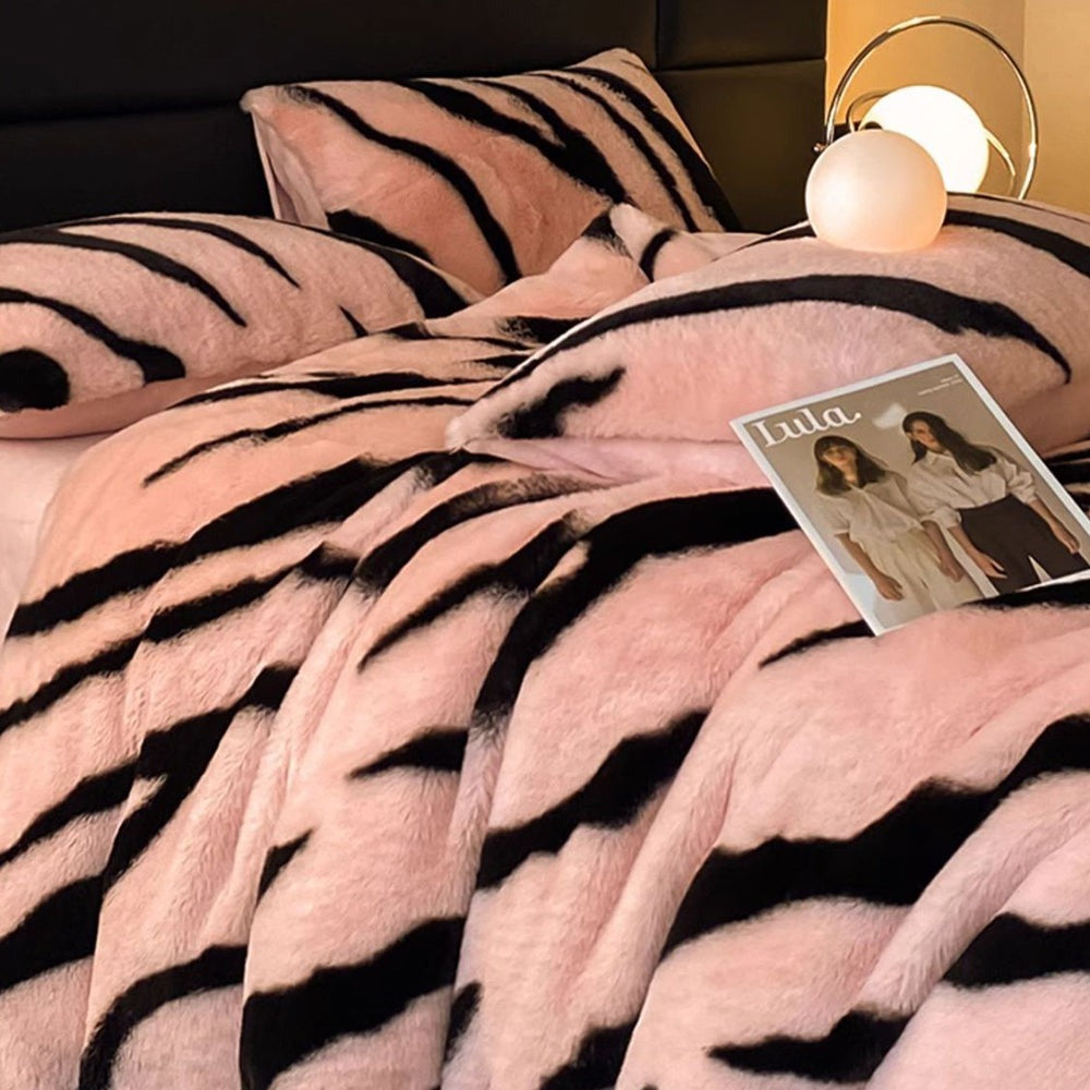 Unisex puchaty komplet pościeli z imitacji futra zebry