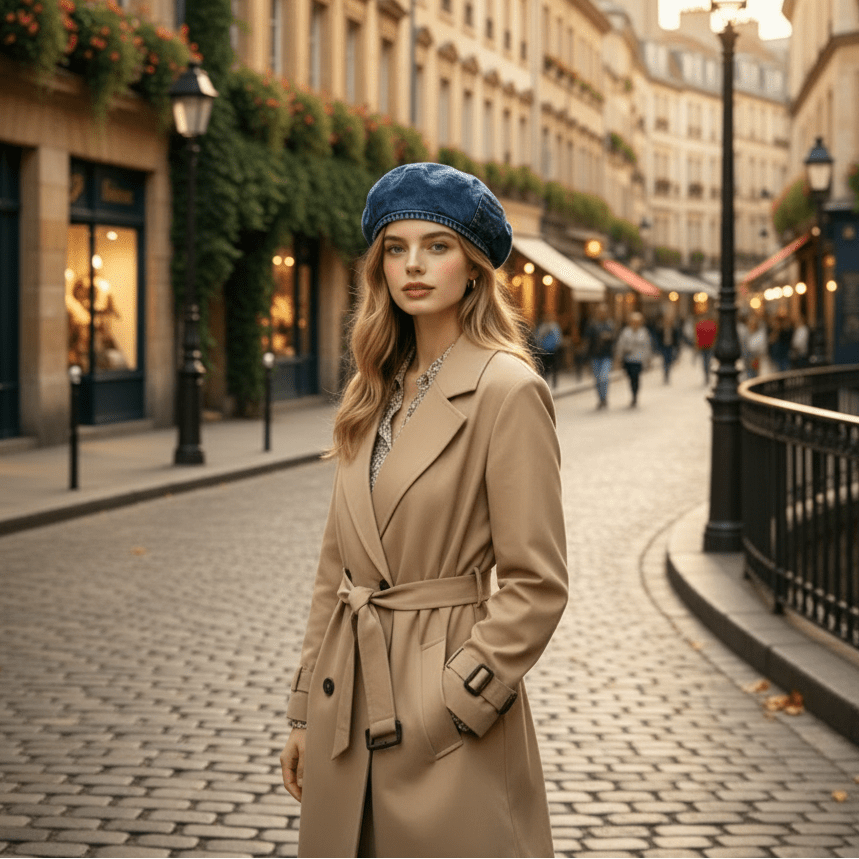 Damski vintage'owy beret dżinsowy w ponadczasowym stylu retro