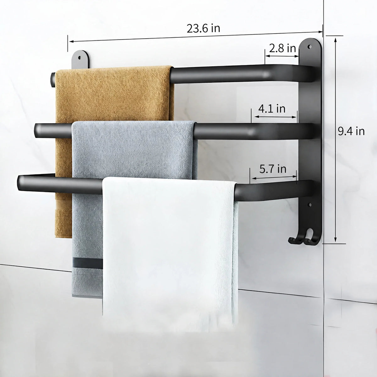 Wieszak na ręczniki | oszczędzająca miejsce aluminiowa rama | 3 poziomy, montowany na ścianie