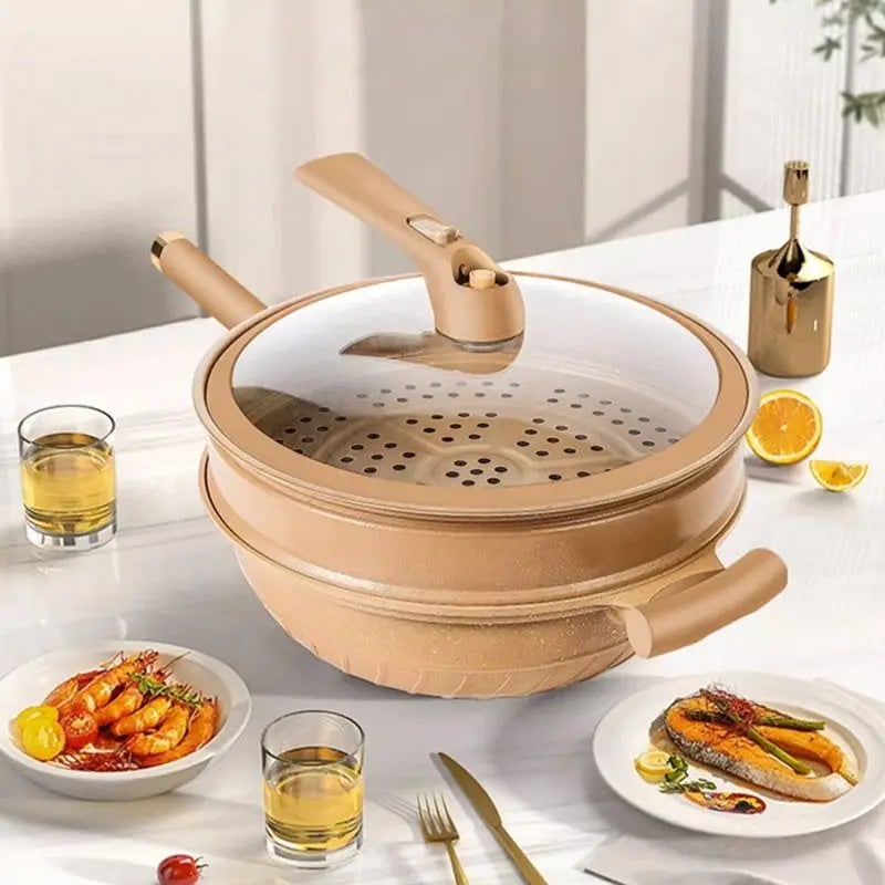 Wok z powłoką nieprzywierającą w cętki z wkładem do gotowania na parze i szklaną pokrywką