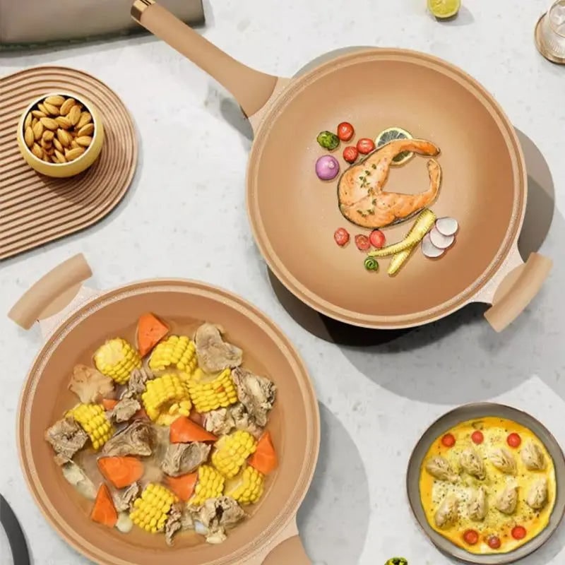 Wok z powłoką nieprzywierającą w cętki z wkładem do gotowania na parze i szklaną pokrywką